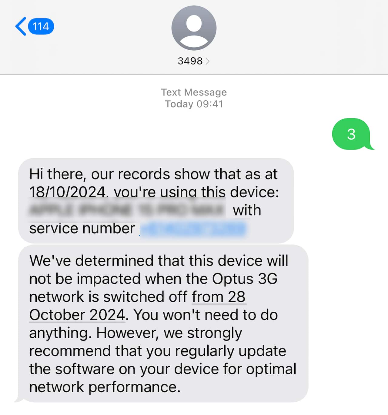 A screenshot of a text message exchange indicates that the device will not be affected by the 3G network shutdown.