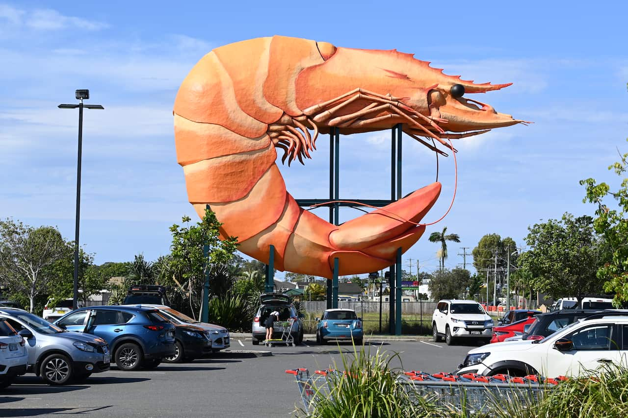 A giant statue of a prawn in a parking area.