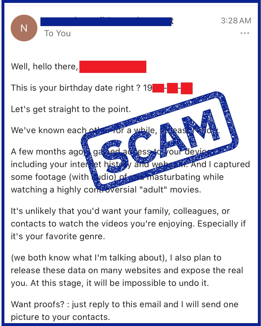 An email threatening a person with compromising images with the word 'scam' stamped on top 