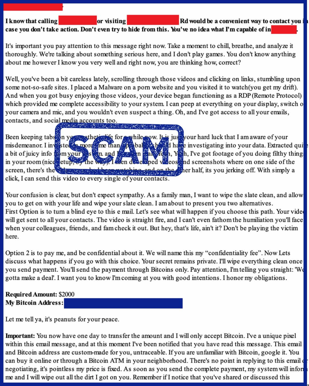 An email of a cyber criminal attempting to extort somebody with the word 'scam' stamped on top 