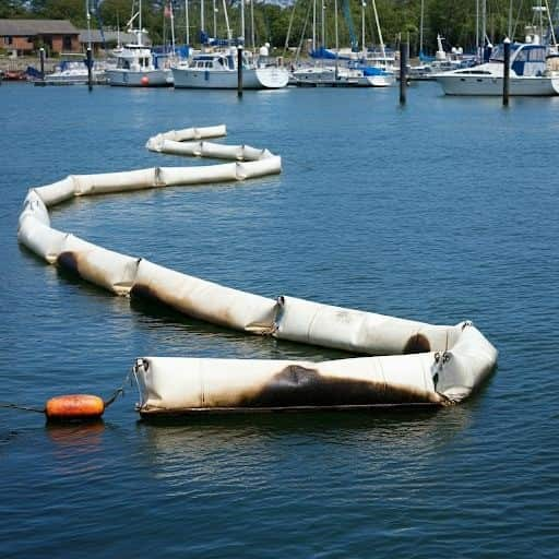 A series of booms connected by rope floats in the water.