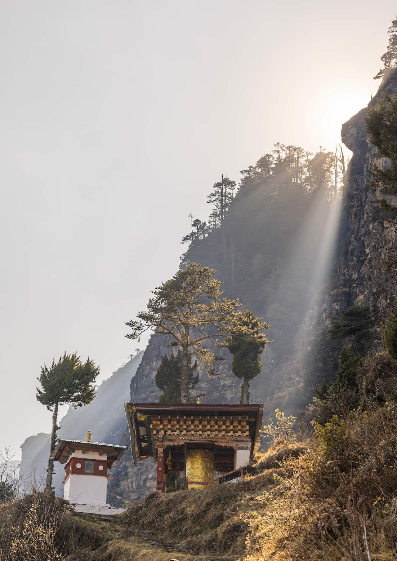 Kila Goenpa Nunnery with rays of light, Wangchang Gewog, Paro, Bhutan