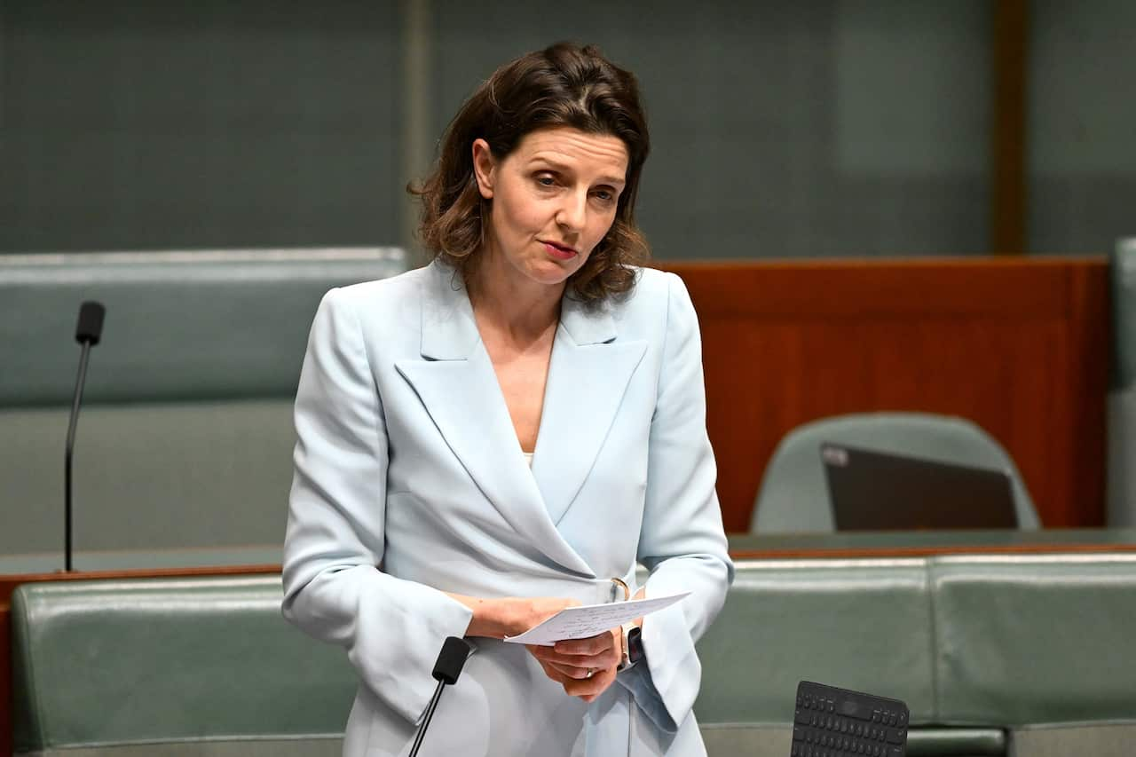 A woman in a pale blue suit standing and talking in parliament