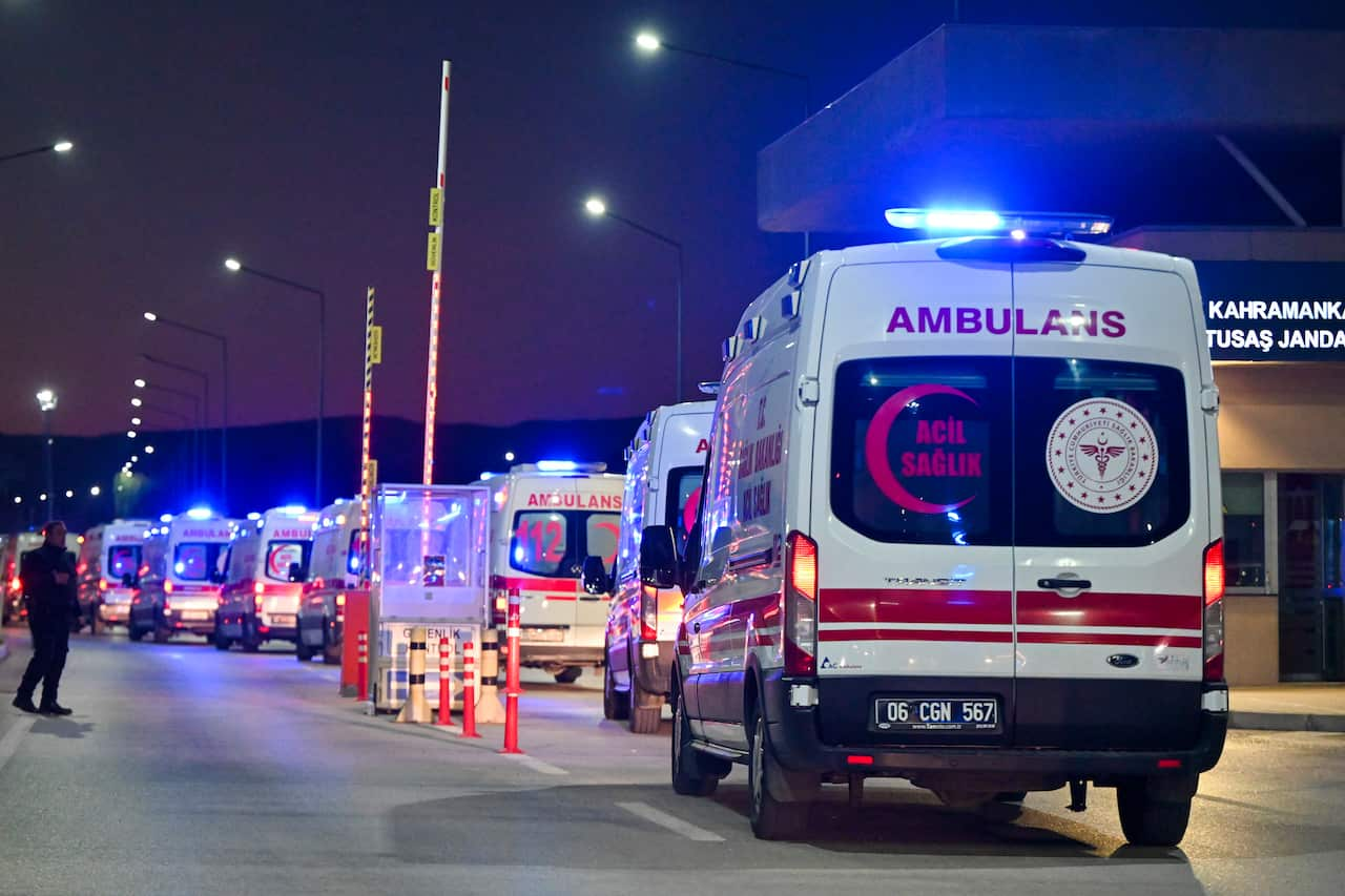 Ambulances are lined up along the road.