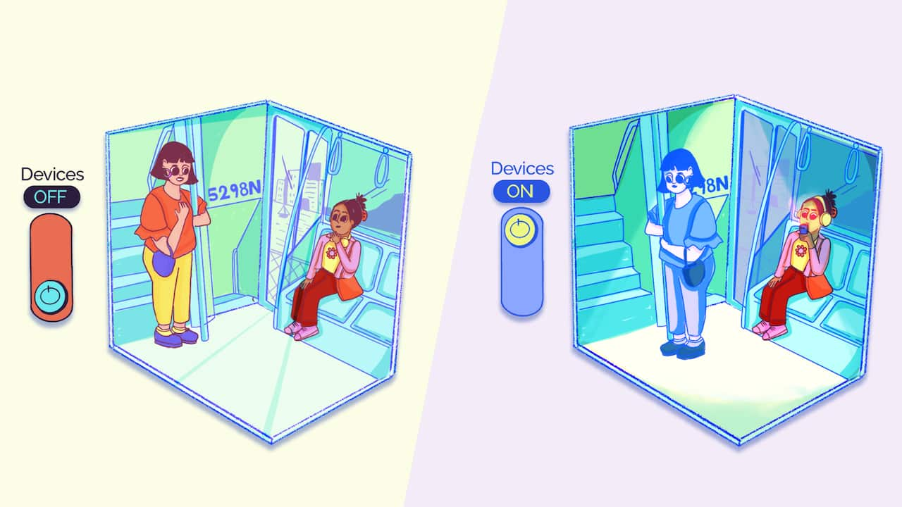 Before/after illustration of a teenager looking at her mobile phone versus speaking with a female passenger.