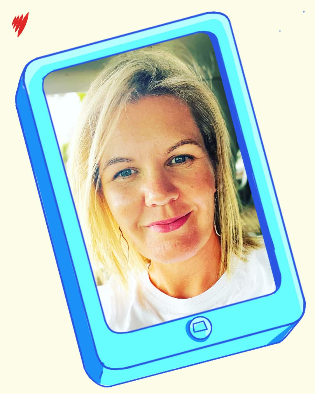 Photo of a woman set inside an illustrated mobile phone screen.