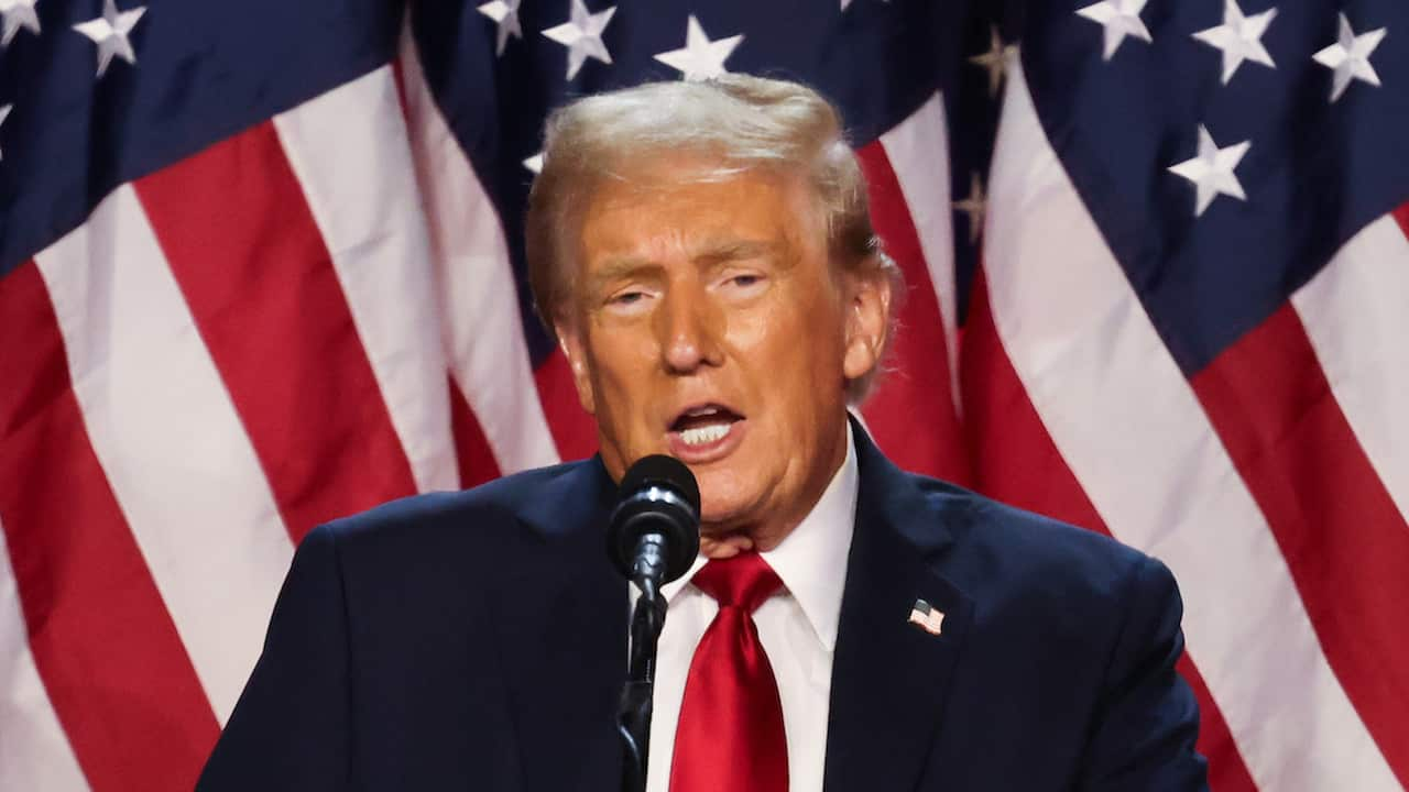 Donald Trump speaking into a microphone in front of rows of American flags.