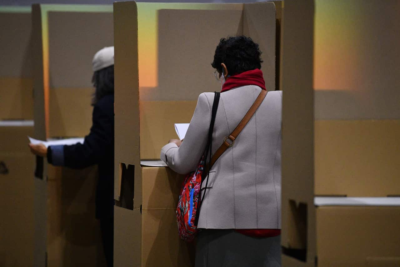 A woman with short dark hair facing away from the camera in a voting booth.