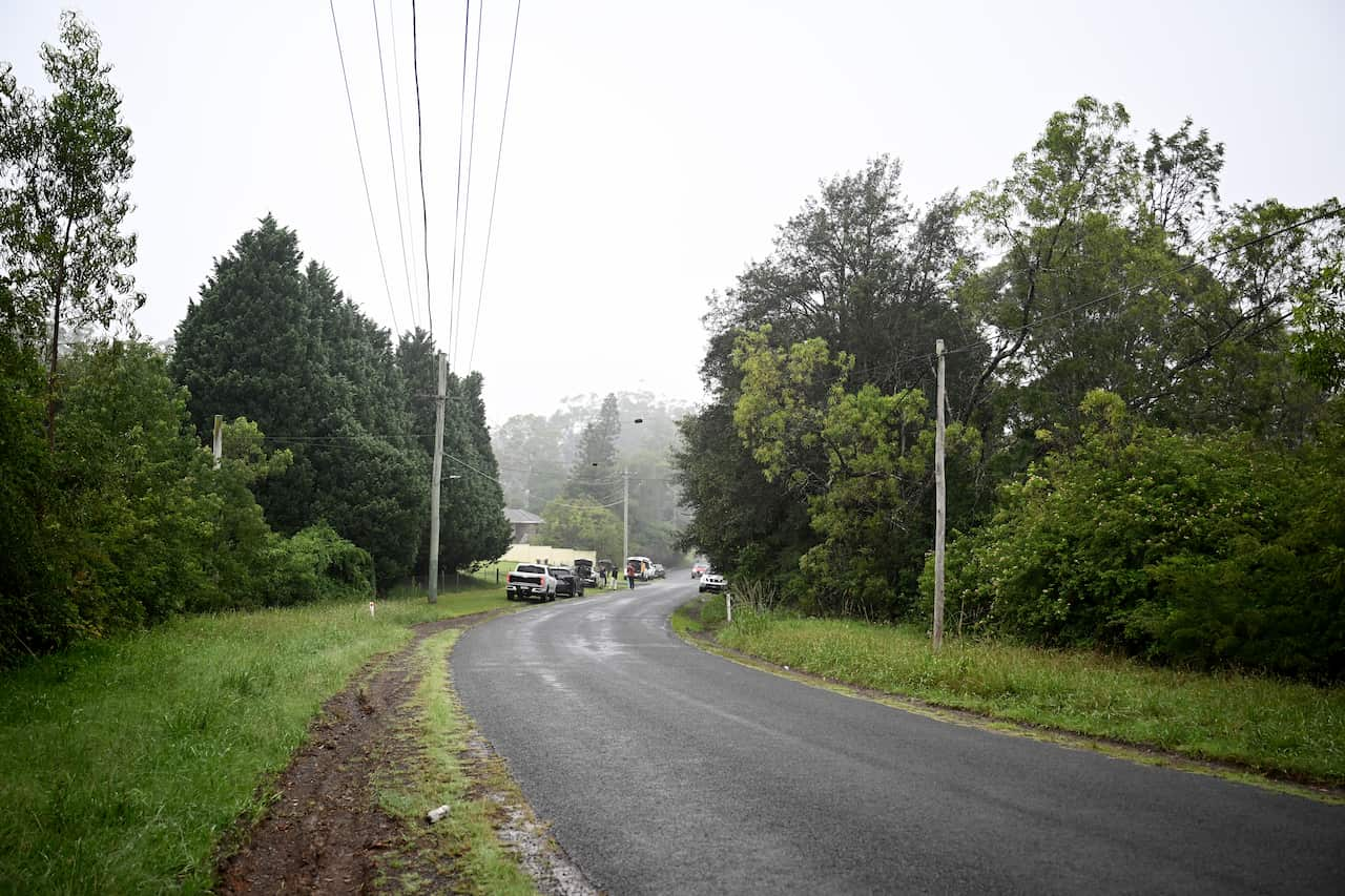 A road surrounded on either side by trees. There are cars further down the road.