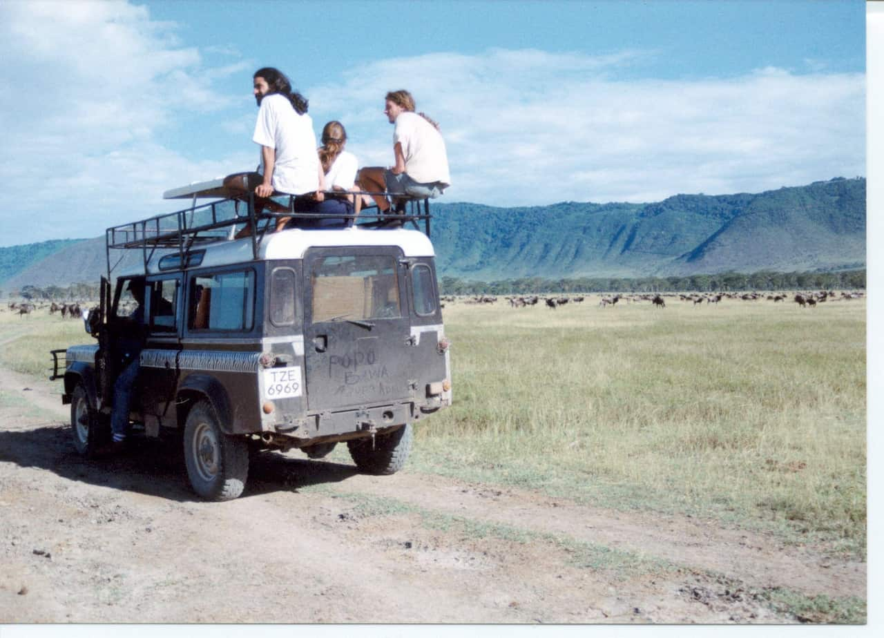 A group of young people on safari in Tanzania in the 1980s.