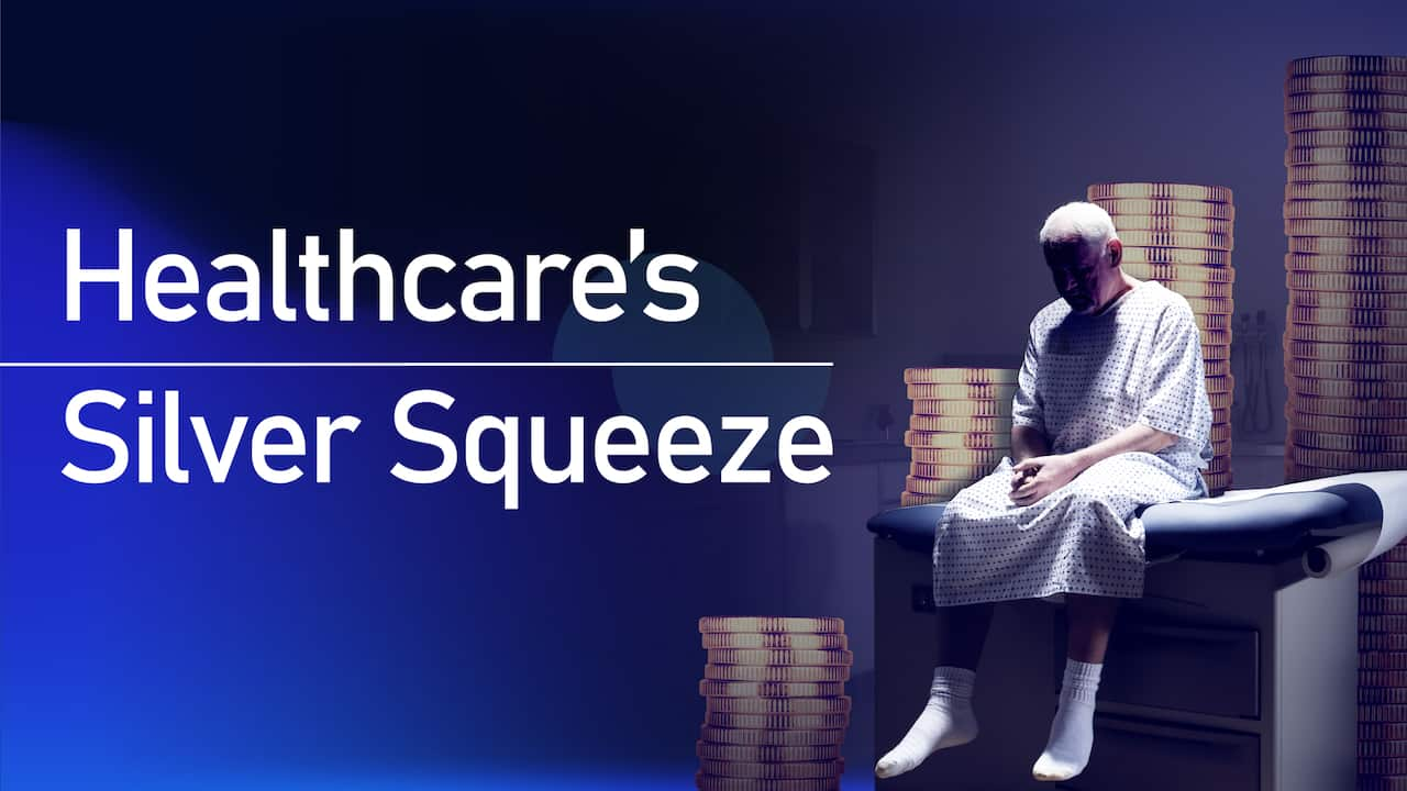 A graphic image featuring a person in a white hospital gown sitting on a bed and the words, Healthcare's Silver Squeeze