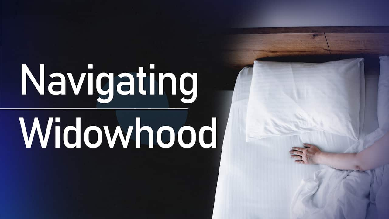 A graphic image featuring a person patting and empty bed and the words, Navigating Widowhood