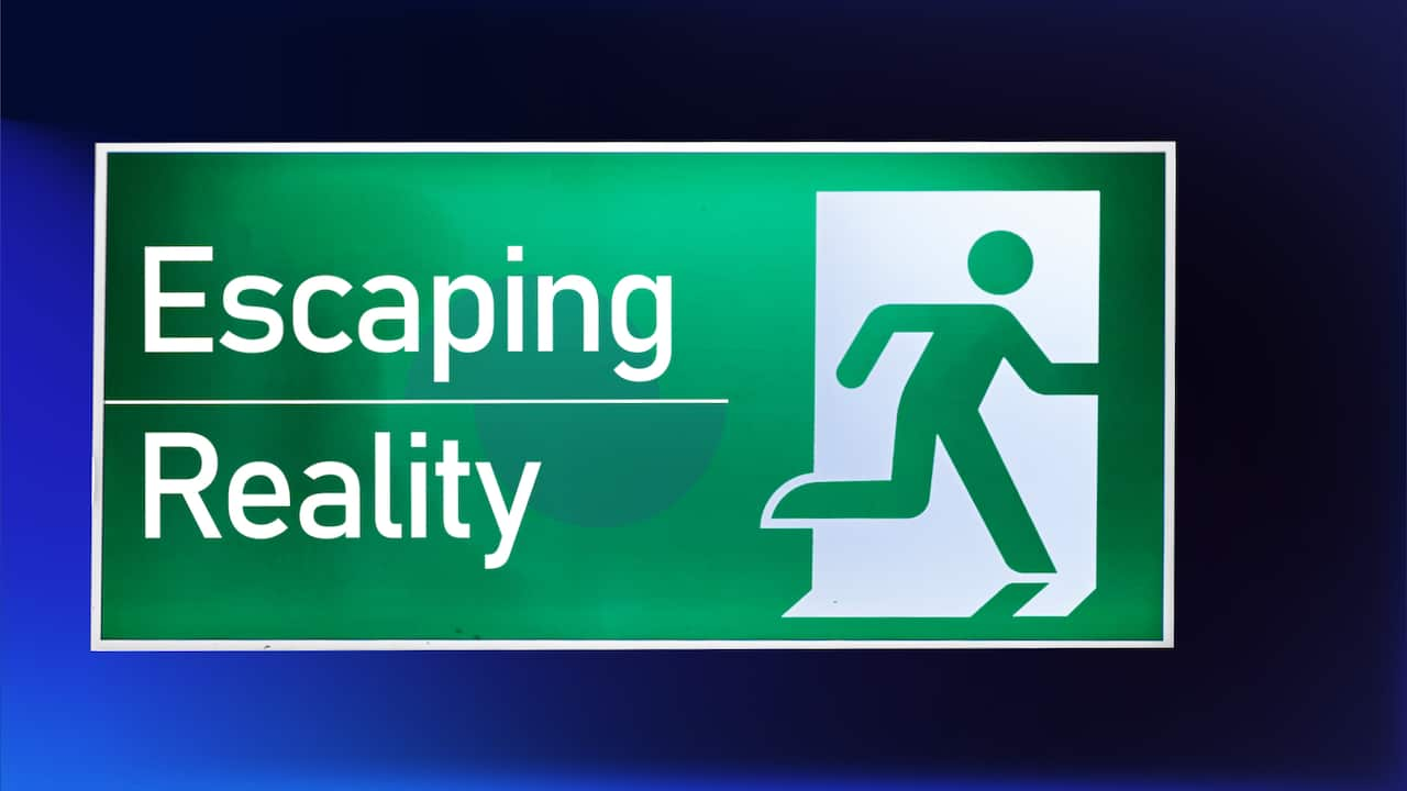 A graphic image of a green exit-style sign and the words Escaping Reality