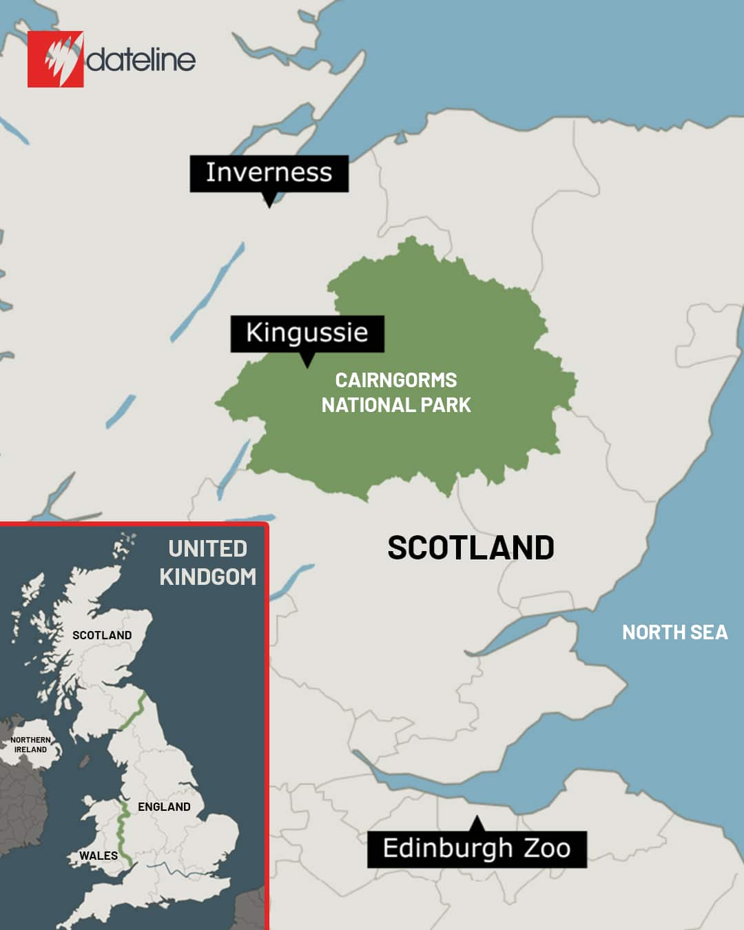 An inset map of the UK with dark blue border. A zoomed-in map of Scotland with the Cairngorms national park marked in green.